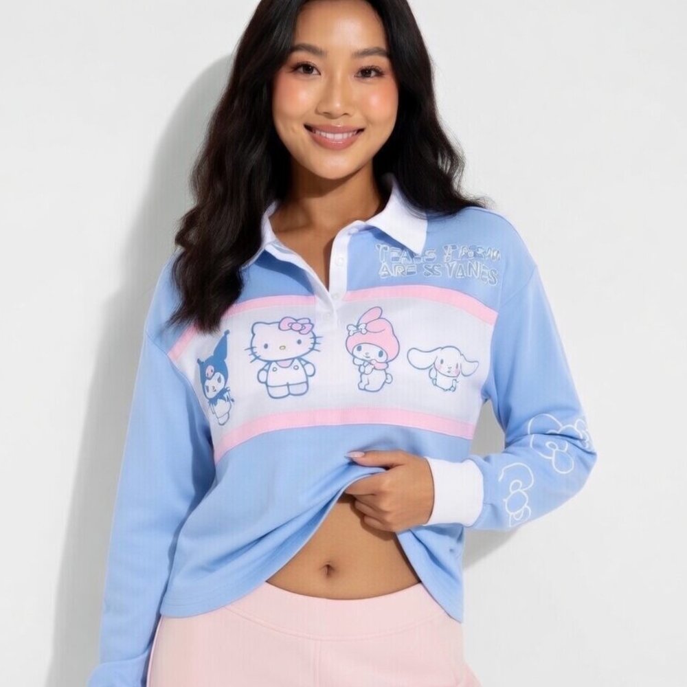 NEW Women's Hello Kitty & Friends Polo Graphic Light Blue Long Sleeve Medium Shi